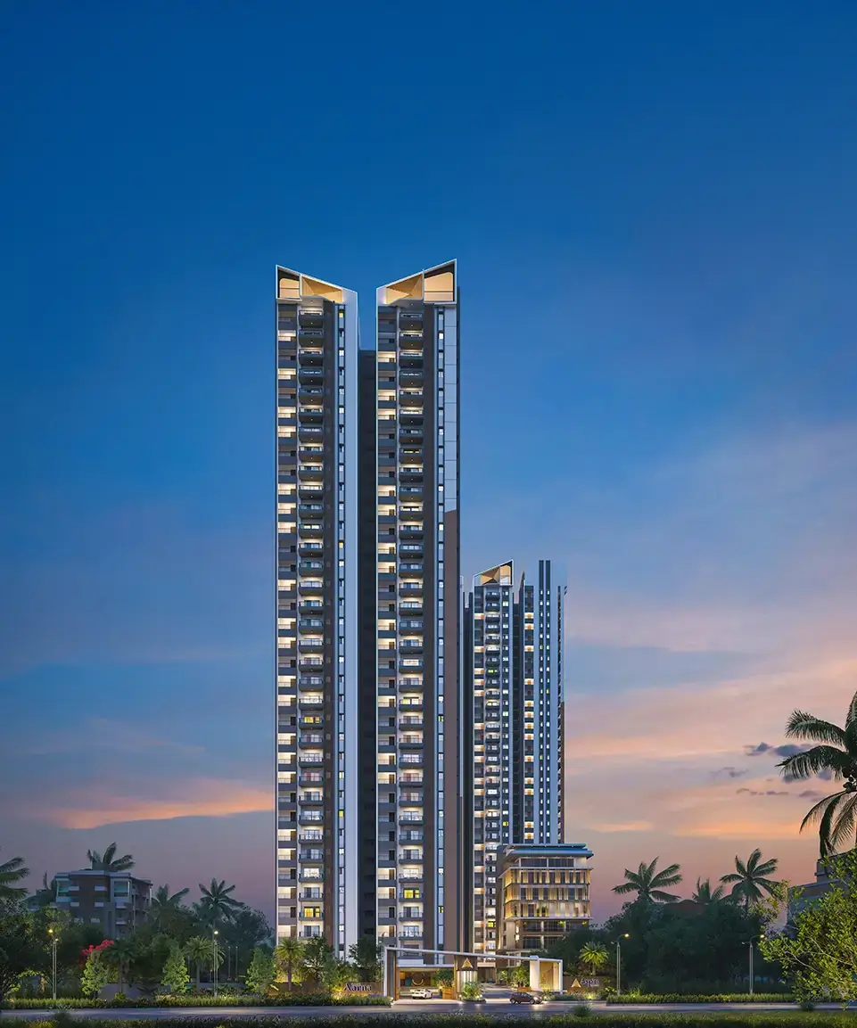 Aspire Aarna twin towers with lake and city views